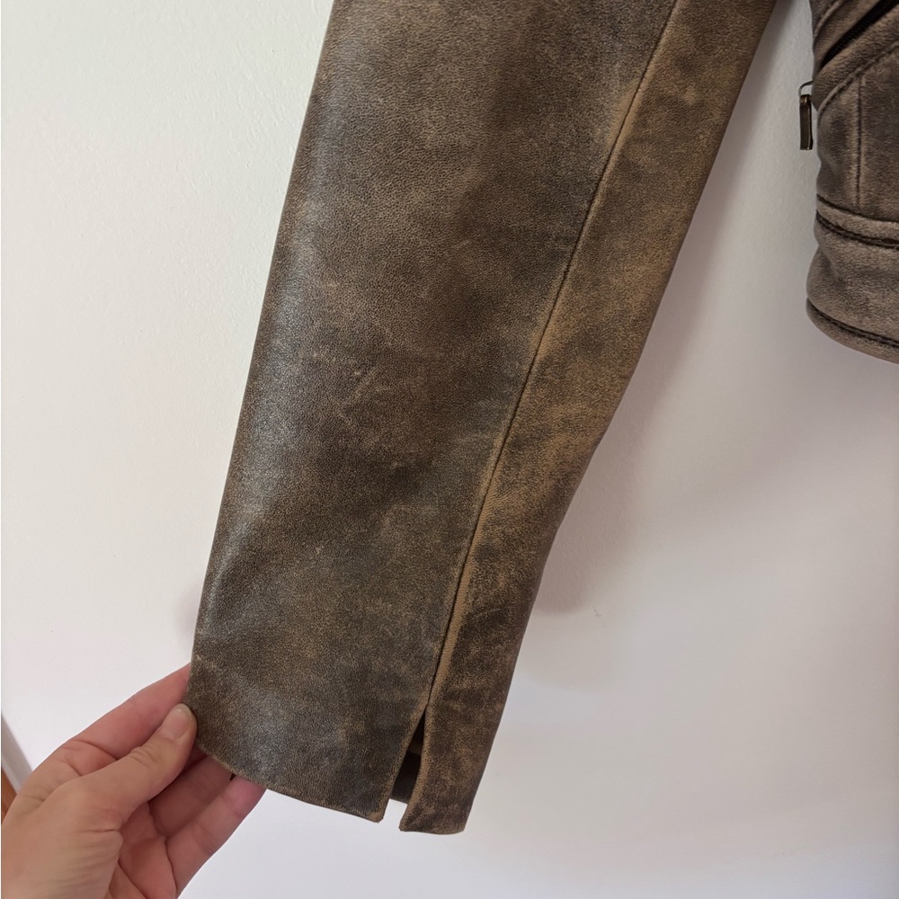 Kenneth Cole Distressed Taupe Gray leather Moto Jacket - Picture 3 of 6